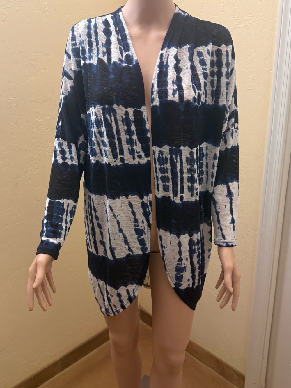 Navy and White Tie-Dye Open Front Swim Coverup